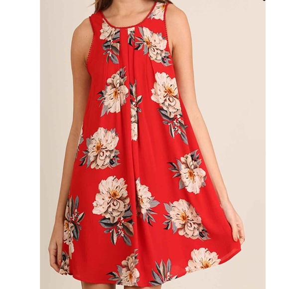 red floral swing dress